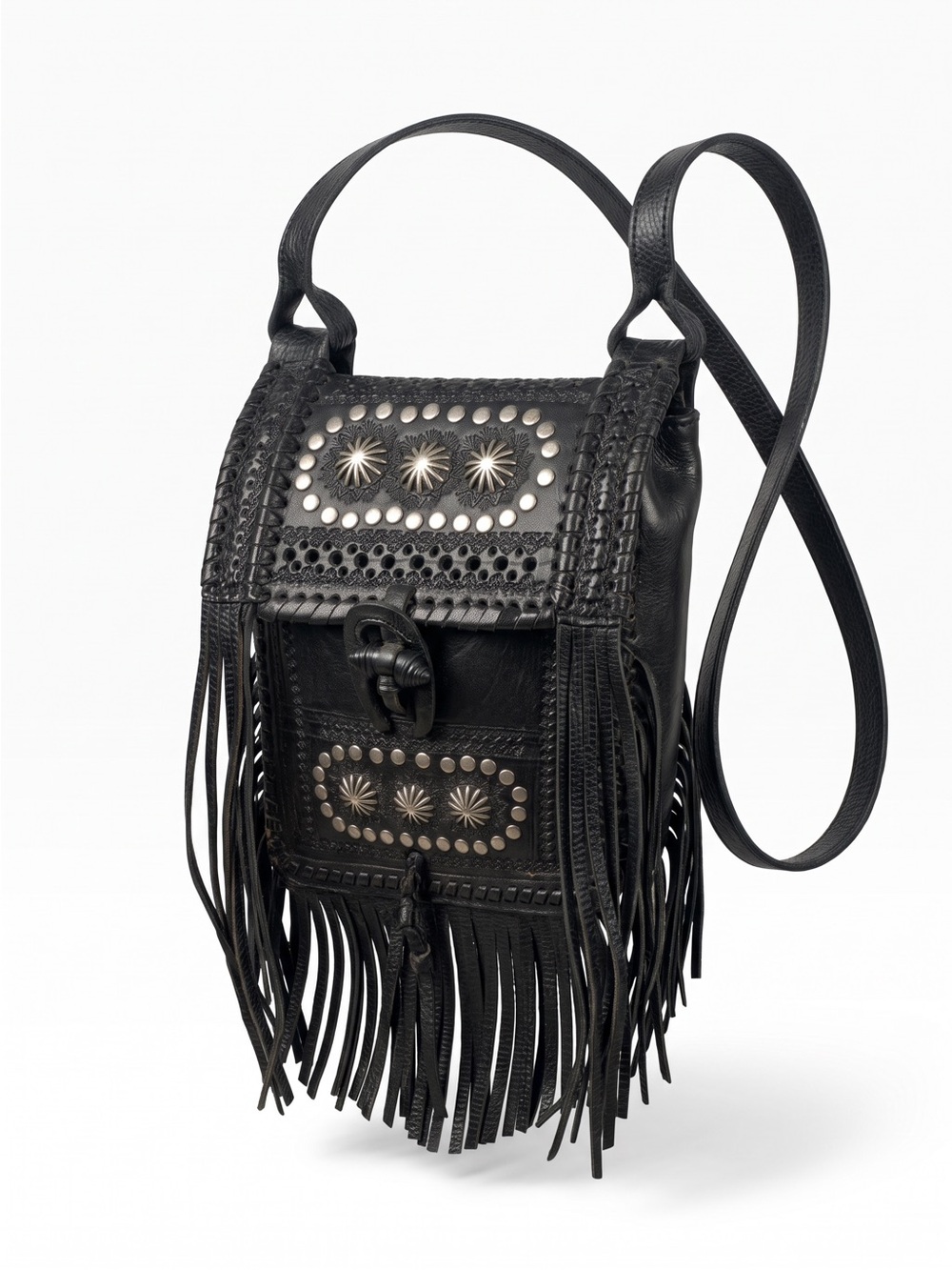 Vintage Berber Black and Silver Fringe Leather Crossbody Bag